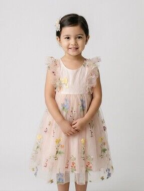 JOAN CALABRESE Kids Little Girl's Floral Embroidered Tulle Dress In Pink